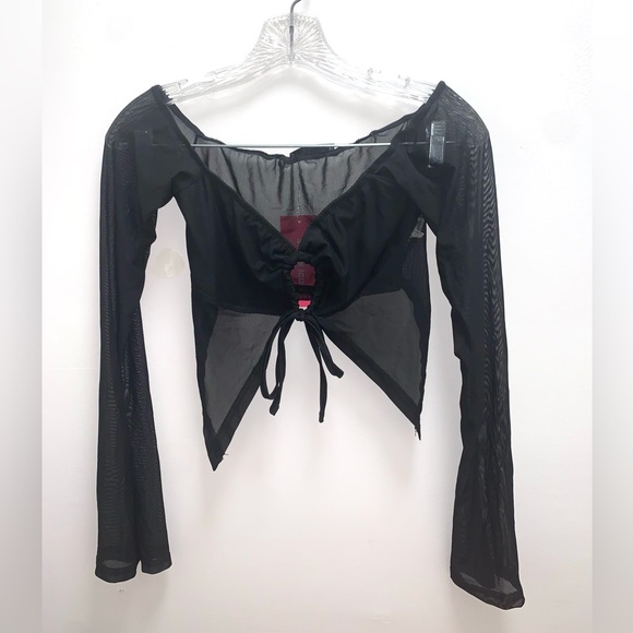 SHEIN Black Sheer Bell Sleeve Crop Top Size Large - Picture 2 of 7